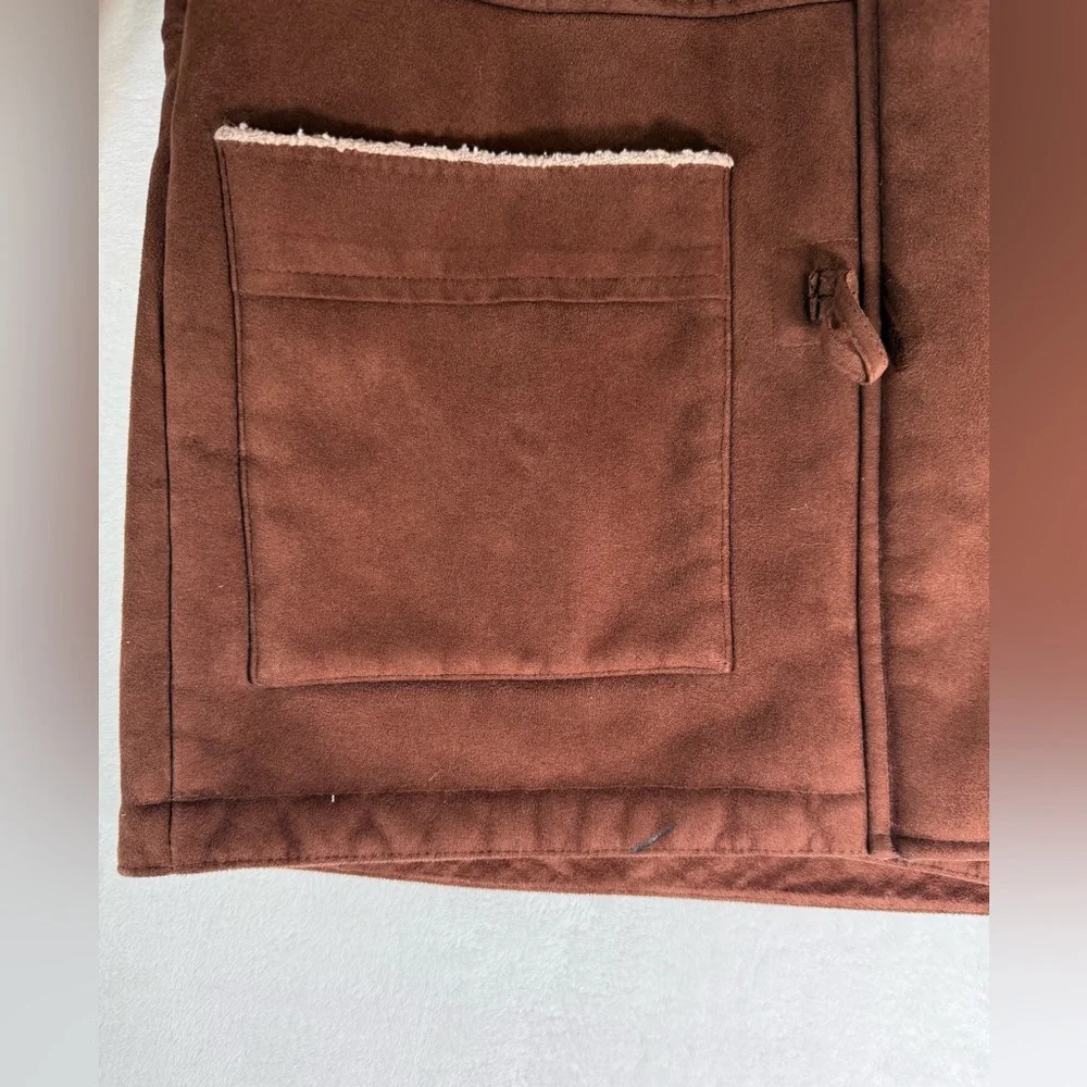 Ralph Lauren Duffle Coat Petite Medium Brown Faux Suede Sherpa Lined Hood Toggl